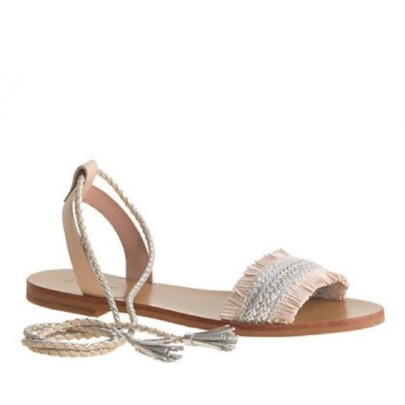 J. Crew | Raffia Beige Silver Wrap Flat Sandal